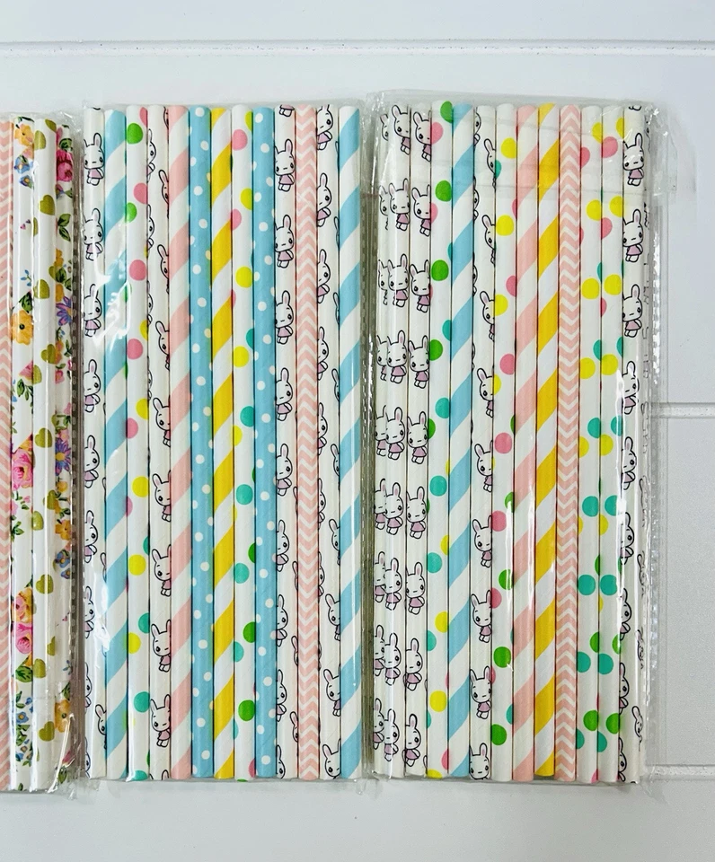 Pajitas de papel para beber Pascua/Primavera pastel conejito lunares floral chevron Foto 3 de 4