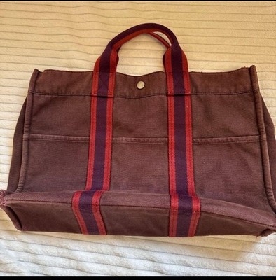 Hermes Vintage  Fourre  Tout   MM  TOTE  Bag.canvas red brown from JAPAN.
