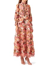 Alice + Olivia Brooke High Neck Maxi Dress Juniper Floral Rose Pink Lace Trim 0