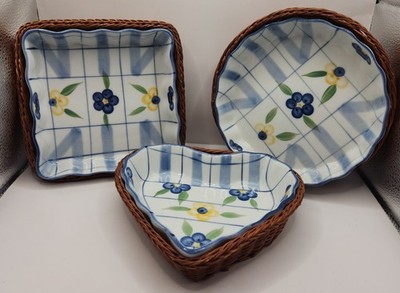 Lot 3 Baking Dishes Wicker Basket Plaid Blue Yellow Flowers Core Farmhouse