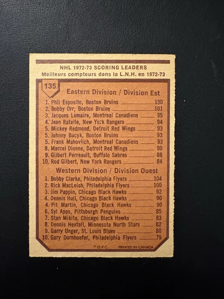 1973/74 OPC #135 SCORING LEADERS BOBBY CLARKE HOF PRINTED IN CANADA EXMT! - Image 2 of 2