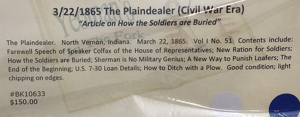 1865 Plaindealer Civil War Military North Vernon Indiana Farewell Speech Colfax