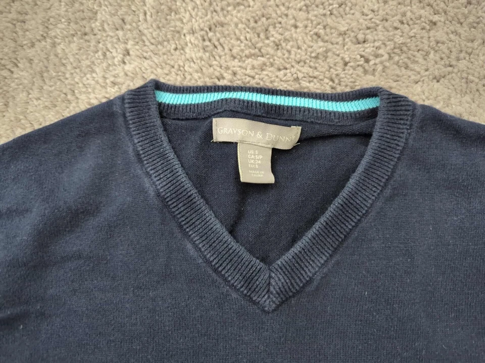 Suéter Pullover Grayson & Dunn Para Hombre Pequeño Azul Cuello en V 100% Algodón Tejido Informal Foto 2 de 4