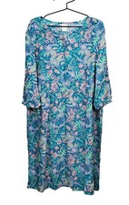 Blair V-Neck 3/4 Sleeve Cool Summer Rayon Dress Aqua Turquoise Pink Mint Floral