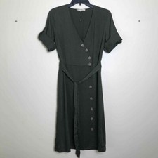 Rebellion Again Button Down Dress Women Small Olive Green Belted Roll Tav Sleeve
