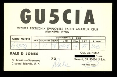 QSL Card Radio Guernsey GU5CIA 1978 via N6MA USA op Dale D Jones  B056