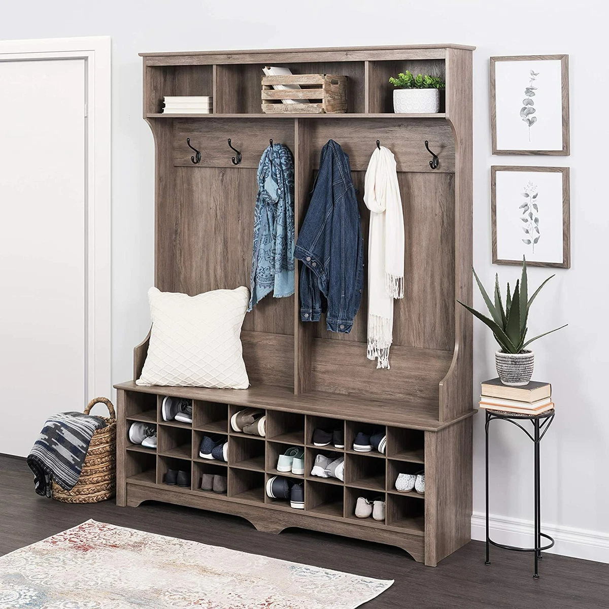 Driftwood Brown Wooden Hall Tree Shoe Storage Entryway Cubbies
