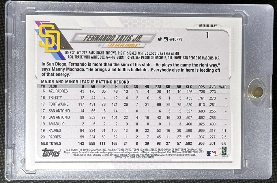 Fernando Tatis Jr. 2021 Topps Opening Day Blue Foil April 1 2021 #1 SP Padres - Image 3 of 3