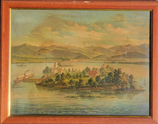 Antico QUADRO Cromolitografia Isola di Ufnau nel Lago di Zurigo - Kanton Schwyz