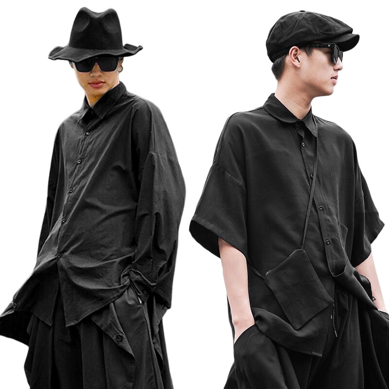 Men Japanese Casual Loose Oversize Shirt Black Harajuku