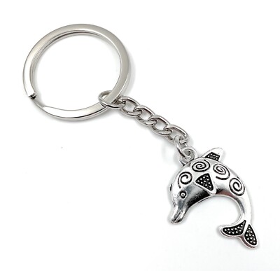 Schlüsselanhänger Keychain Silber Metall Delfin Fisch Wal mit Muster Ozean Meer