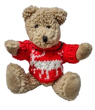 Brown Plush Bear Jointed With Knit Red Reindeer Sweater 8.5" Vintage Christmas
