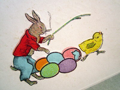 rabbit smoking a cigarette Postcard Happy Easter Bunny Smoking Cigarette Chick Colored Eggs 1920 Card  2585