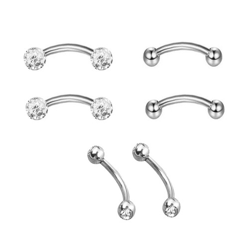 6X Various Bar Length Steel Crystal Barbell Curved Eyebrow Ring Ear Piercing Set - Picture 7 of 16
