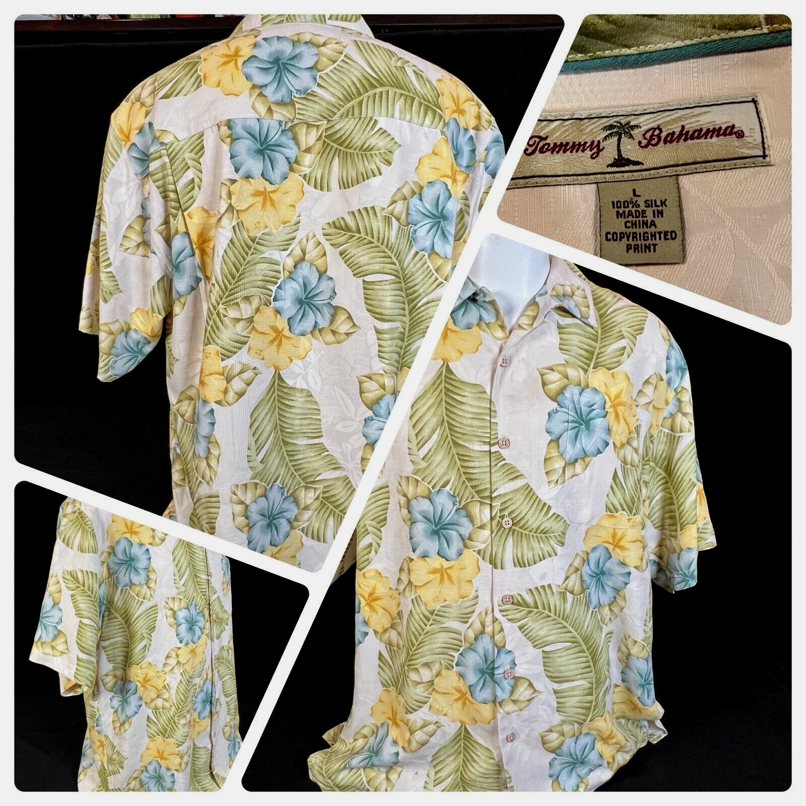 Tommy Bahama Size Large Multi Color Hibiscus Palm Leaves Hawaiian Camp Shirt