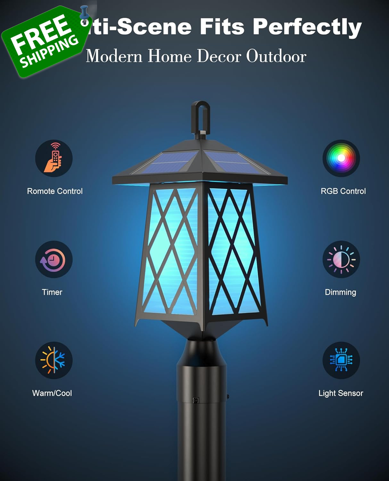 Solar Lamp Post Light, 3500LM RGB Colors Change Solar Pole Light,Dusk