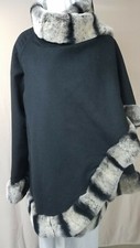 Womens Real Black Cashmere Coat Poncho Cape With Rex Rabbit Fur Trim U.s Seller