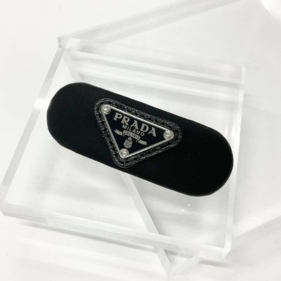 PRADA Triangle Logo Re-Nylon Hair Clip Barrette Black Silver