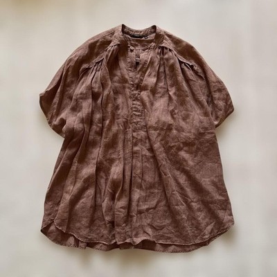 Pas de Calais Linen blend Pullover Blouse Gathered Plant Dyed Brown Exc