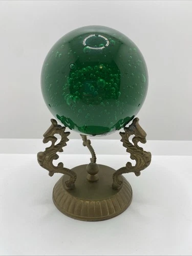 Vintage Murano? Green Glass Controlled Bubble Paperweight Brass Seahorse Stand