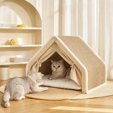 Large Wood Cat House for Indoor Cats - Cute Cat Tent Bed  Hideaway with Scratch