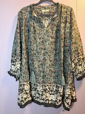 Natural Life Dara Tunic Dress Floral 3/4 Sleeve Flowy Boho V-Neck Tassels BIG S