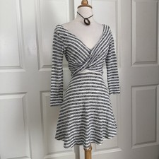 Vintage Y2k Free People Gray White Striped Mini Dress Boho Chic Empire Waist 00s