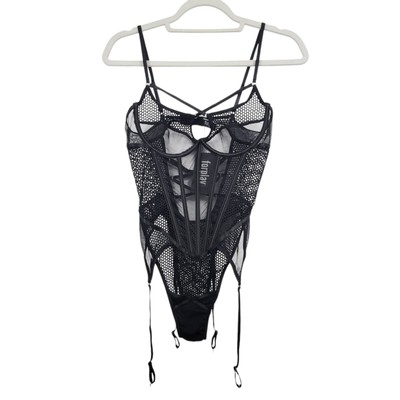 Forplay Black Mesh Hi Cut Cheeky Teddy With Garters Size Large
