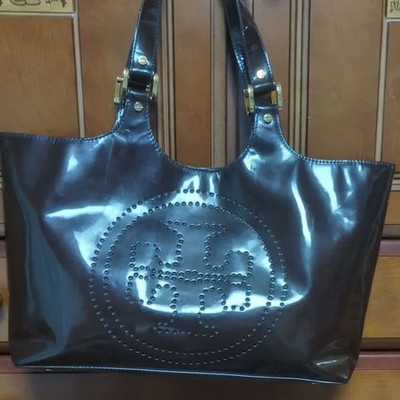 TORY BURCH Patent Leder Logo Handtasche Shopper Für Damen Dunkelbraun Echtes
