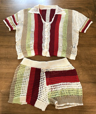 NWOT Crochet Open Knit 2 piece Polo Top Bloomer Shorts Set Sz M Festival Beach