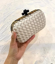100% AUTHENTIC BOTTEGA VENETA KNOT CLUTCH BEIGE SATIN SNAKE TRIM