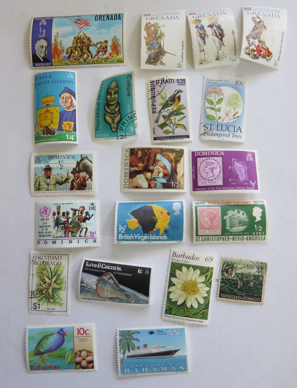 Caribbean 20 used postage stamps, Dominica, Grenada, Trinidad & Tobago, etc.