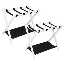 Set of 2 Folding Luggage Rack Soild Wood Stand Suitcase Holder w/ Shelf White