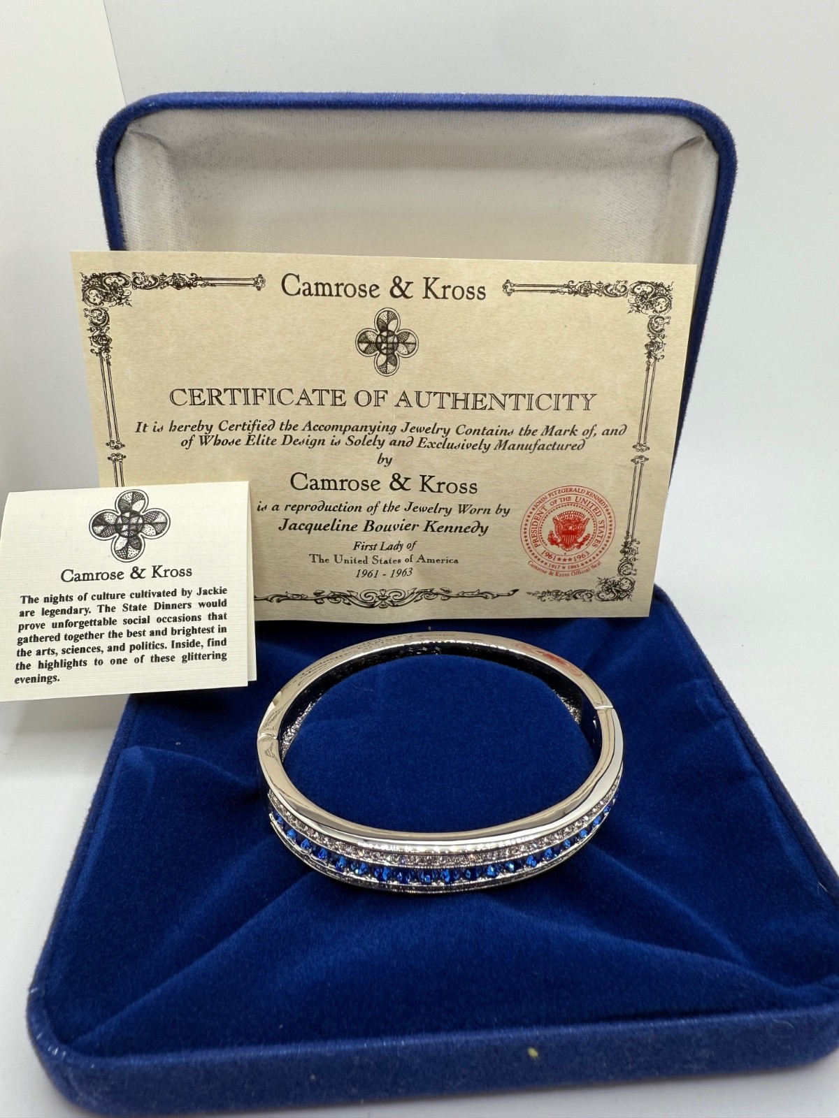 Vintage Camrose Kross JBK Bangle Bracelet Silver Tone Blue Clear Rhinestone 6.5"