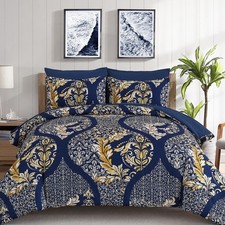 Navy Blue Gold Comforter Set King Size, 7 Pieces Bohemian Damask Bed in a Bag...