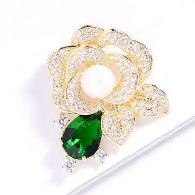 Pendant Gorgeous Rose Flower Green Zircon Crystal Woman's Brooch Pin Corsage New