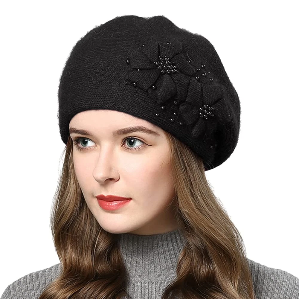 Rabbit Fur Beret Hat French Cap Winter Warm Flowers One Size, Black