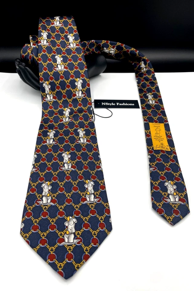 Corbata 100 % seda La Venus Spatiale para hombre ~ azul ~ rejilla de cadena ~ ¡Hecha en Italia! Foto 3 de 4