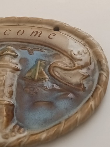 Targa nautica vintage faro/cape marino ceramica ""Benvenuti"" 6,25"" x 4,5"" ovale - Foto 4 di 5