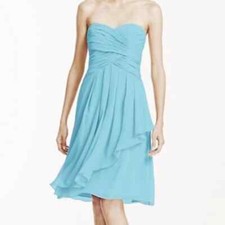 David’s Bridal Crinkle Chiffon Sweetheart Dress Blue Size 2 Bridesmaid Strapless