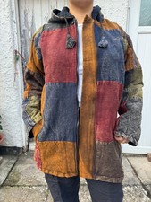 Patchwork Baumwollfleece Winterjacke, Unisex Hippie Jacke mit Hoodie