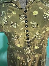 Vintage 50s Mid Century Day Dress Smartsetter M Green/Gold Brocade Print Shiny