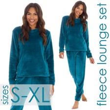 Ladies Plush Fleece Pyjama Set Teal 2-Piece Loungewer Twosie Co-ord Nightwear UK