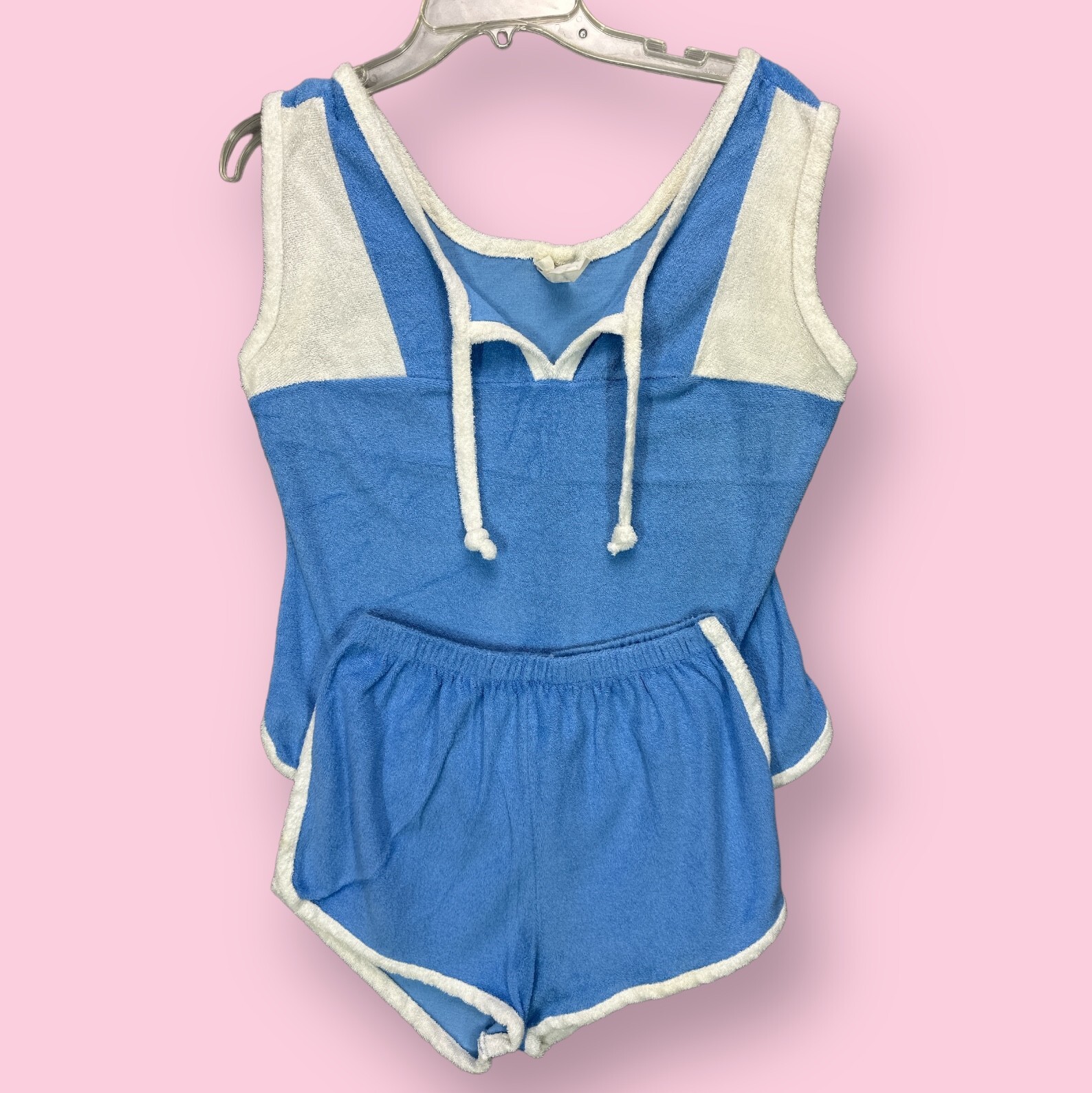 VTG 70s Terry Cloth Fuzzy Set Shirt shorts Blue Beach Gym Barbie Workout Size 13