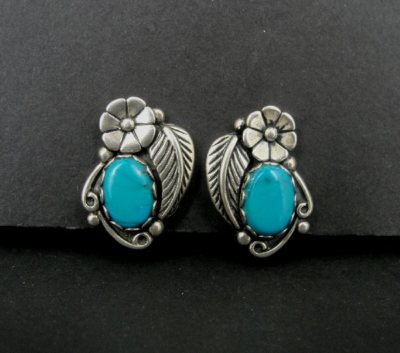 Earrings WM signed Turquoise Stones Flower Sterling 925  display picture 1
