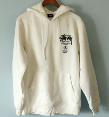 Stussy World Tour Hoodie Men's Size Large Cream White Fleece Stussy World Tour Hoodie Men's Size Large Cream White Fleece