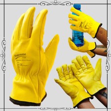 NEW LEATHER WORK GLOVES DRIVER YELLOW FLEECE LINED LORRY TRUCK DRIVING GARDENING