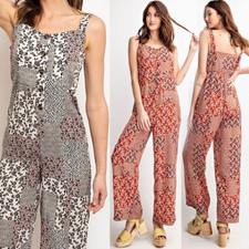 NEW Easel Button Front Mixed Floral Patch Work Print Boho Wide Leg Cute Jumpsuit