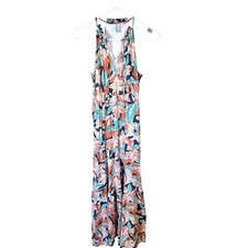 Nine West Tiered Peasant Lined Halter Maxi Dress Gray Peach Green Size Small