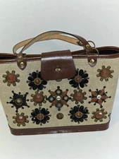 Enid Collins Purse Milles Fleurs Tan Black Jewel Flowers MCM Leather/Wood/Canvas